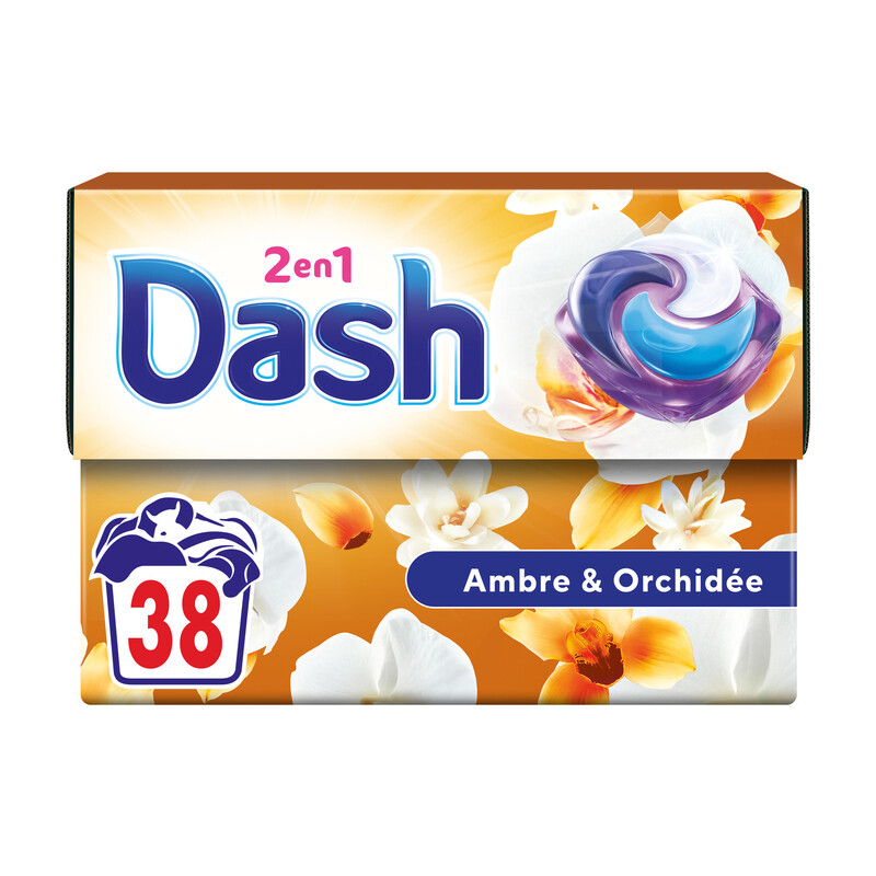 Dash 2en1 PODS®, Lessive En Capsule, 38 Lavages, Parfum Ambre & Orchidée, 3 Semaines De Fraîcheur* Avec L’Adoucissant Lenor, Fabriqué En France