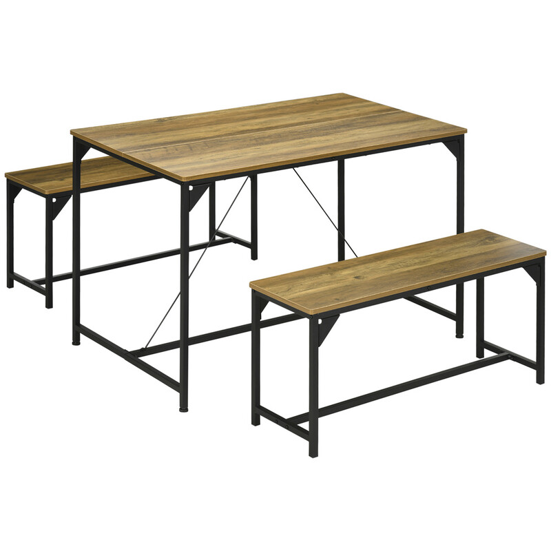 Dining Table & 2 Benches Set Contemporary Dark Oak Effect/Black