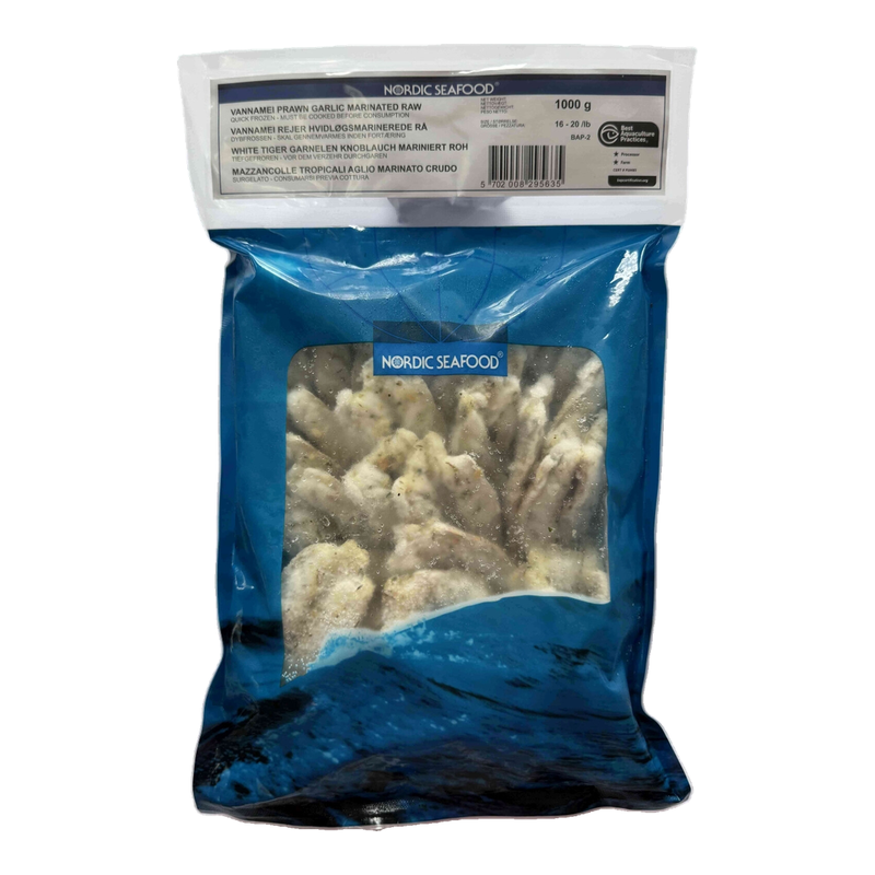 Nordic Seafood Garlic Marinated Headless Shell-On Butterfly Raw Prawns Iqf 16-20/Lb 1Kg
