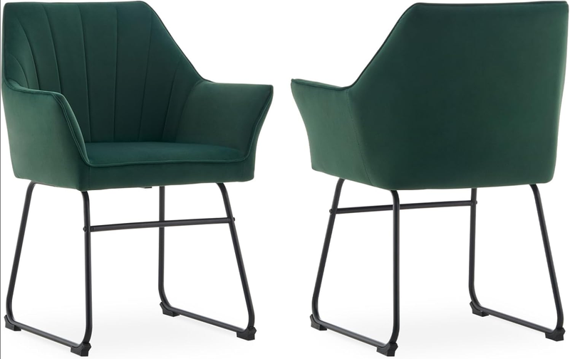 Set of 2 Velvet Dining Chairs, Modern Kitchen Upholstered Armchairs with Metal Legs & Backrest, Ergonomic Seat Green