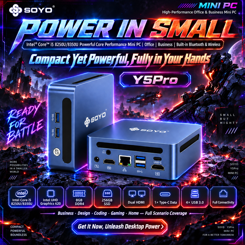 SOYO Y5Pro mini pc, Intel Core i5 8250U/8350U processor mini pc Windows 11, 8 GB DDR4 256 GB SATA SSD mini computer | BT5.2 | Wi-Fi 5