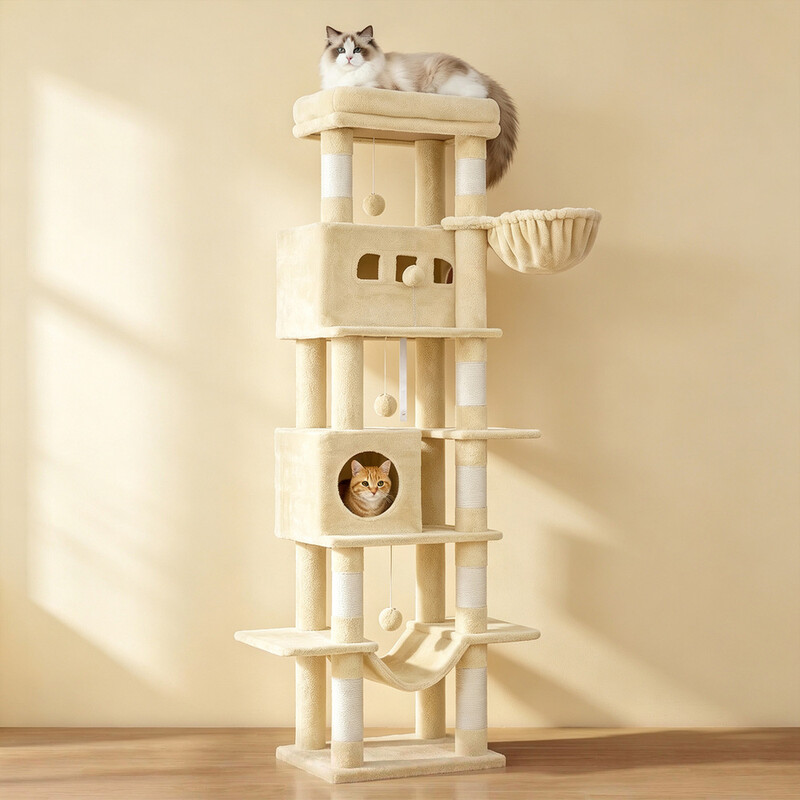 Versterkte kattenboom | 8 natuurlijke sisalpalen, dubbele kattenhuisjes en hangmat, geschikt voor alle kattenrassen en meerkattenhuishouden