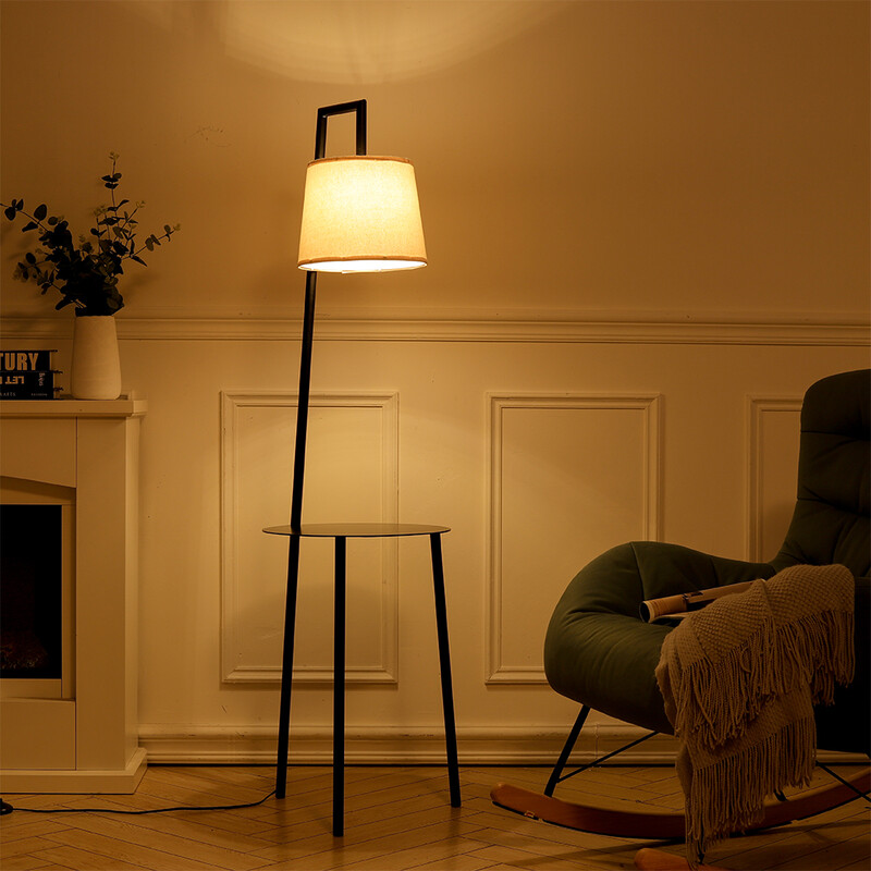 LIVINGANDHOME Floor Lamp: Modern Metal Tray End Table with Linen Shade for Living Room Bedroom Home Décor Accent Lighting, 150cm