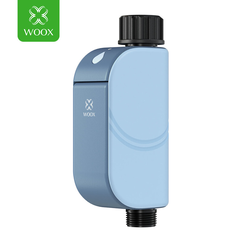 WOOX Smart Bewässerungstimer R2604 Blau WiFi 6 802.11ax 2,4 GHz BLE 5.4 IP65 Outdoor Garten-Bewässerungssteuerung Bistabil Elektromagnetventil 4x AA Batterie 1,5 Jahre Lebensdauer 20 Unabhängige Programme Regenverzögerung Kindersicherung Alexa Google Assistant 175x78x43,6 mm