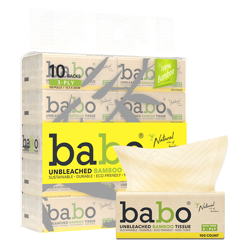 BABO Unbleached Bamboo Fiber Facial Tissues (EU Standard, Plastic Pack), 3-Ply, 133×200mm, 100 Sheets per Pack, 10 Packs per Bundle. Fluorescent-Free & Unbleached, Tear-Resistant & Lint-Free When Wet, ISEGA & HALAL Certified, Suitable for Mothers, Infants and General Household Use
