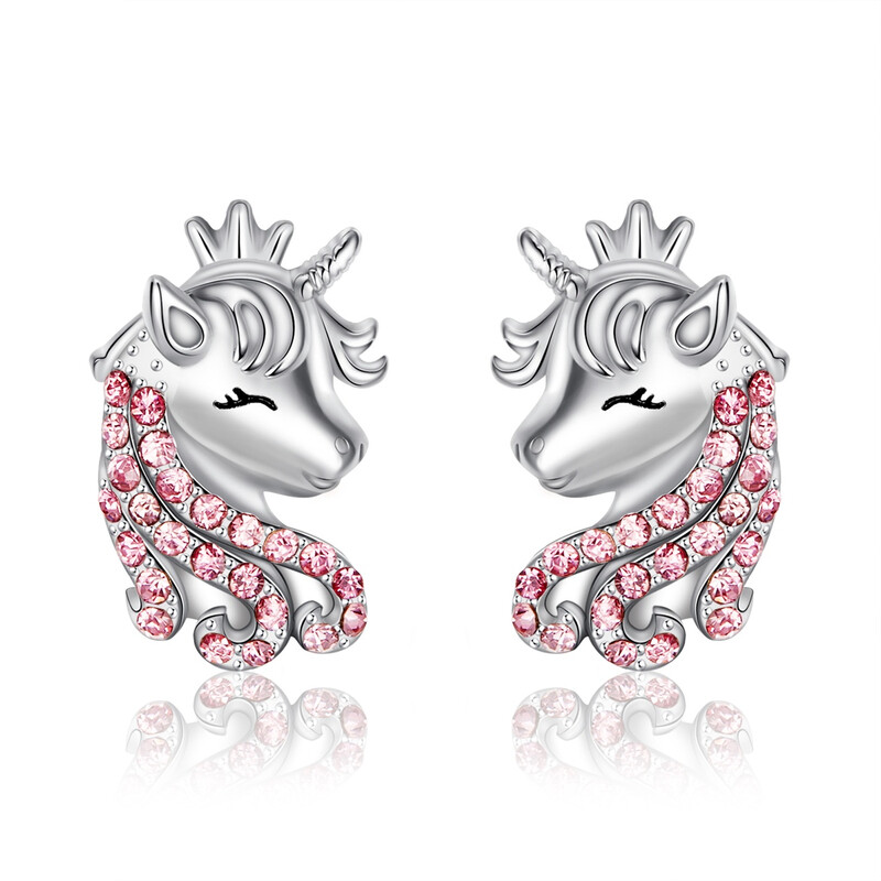 Pink Lucky Unicorn Stud Earrings with Cubic Zirconia