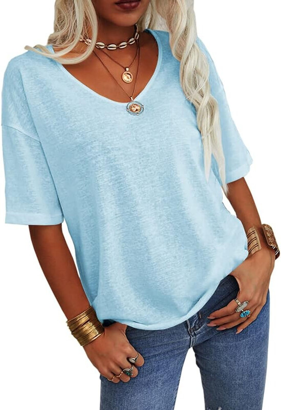 Women Fashion V-Neck Half Sleeves Oversized T Shirt Solid Casual Loose Basic Tops