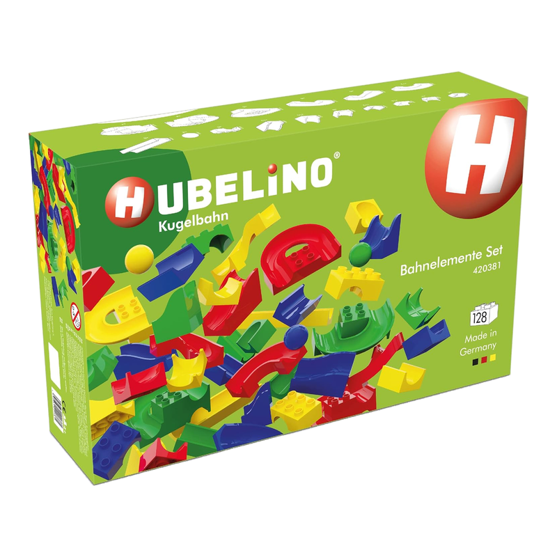 Hubelino 420381 128-teiliges Bahnelemente-Set Kugelbahn, kompatibel mit großen Bausteinmarken