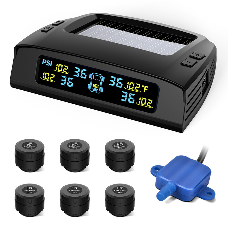 Tymate bandenspanningscontrolesysteem voor campers, bandenspanningsmeter op zonne-energie met 4 sensoren, 0-87PSI, 6 alarmmodi, repeater, LCD-kleurenscherm, geschikt voor campers/aanhangwagens/trucks/SUV's, TM2C+6TS2+TR5