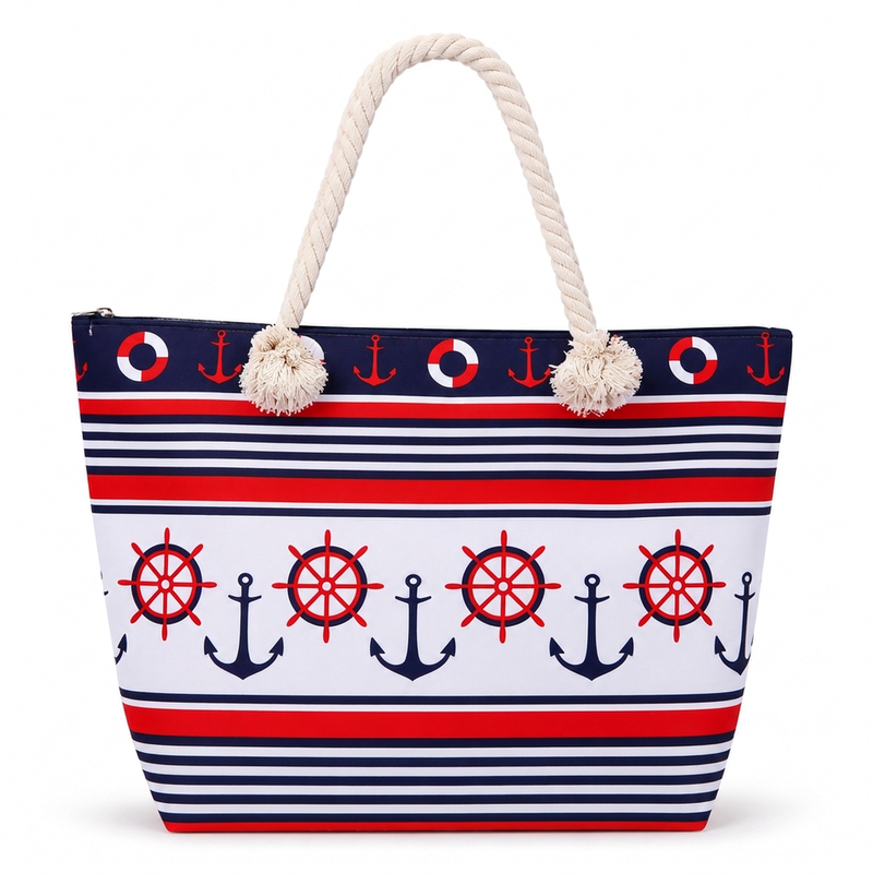 Nautical Stripe Beach Tote Bag, 1 piece, Nautical print design, Rope-style handles