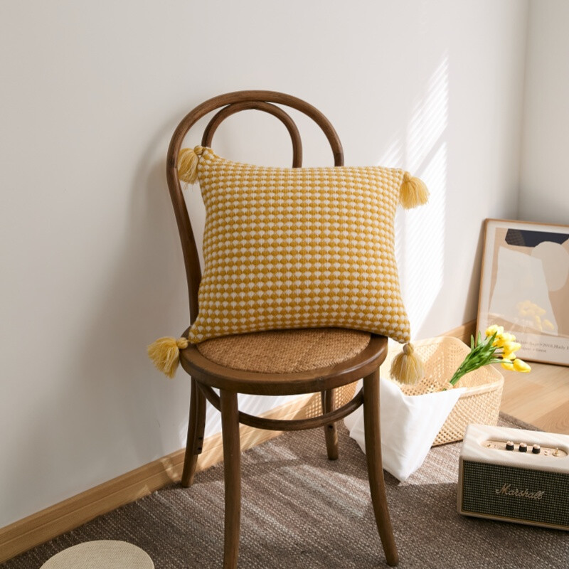 , Acrylic Knit/Waffle Cushion Cover, 50x50cm, yellow/white, 1pack