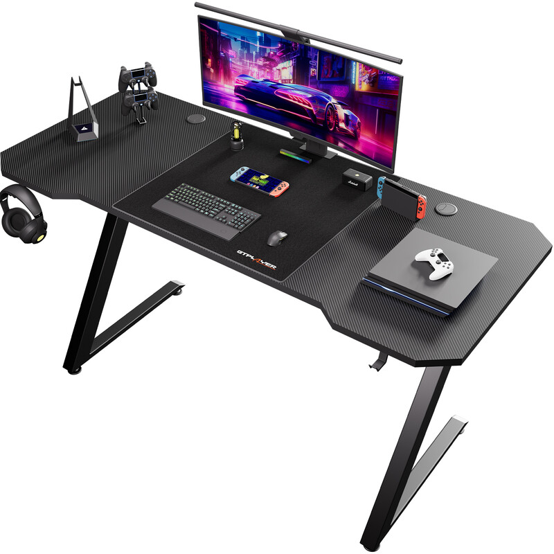 GTPlayer Gamingbureau 120 x 60 cm, Koolstofvezeloppervlak, Stevige pc-tafel met koptelefoonhaak, Zwart