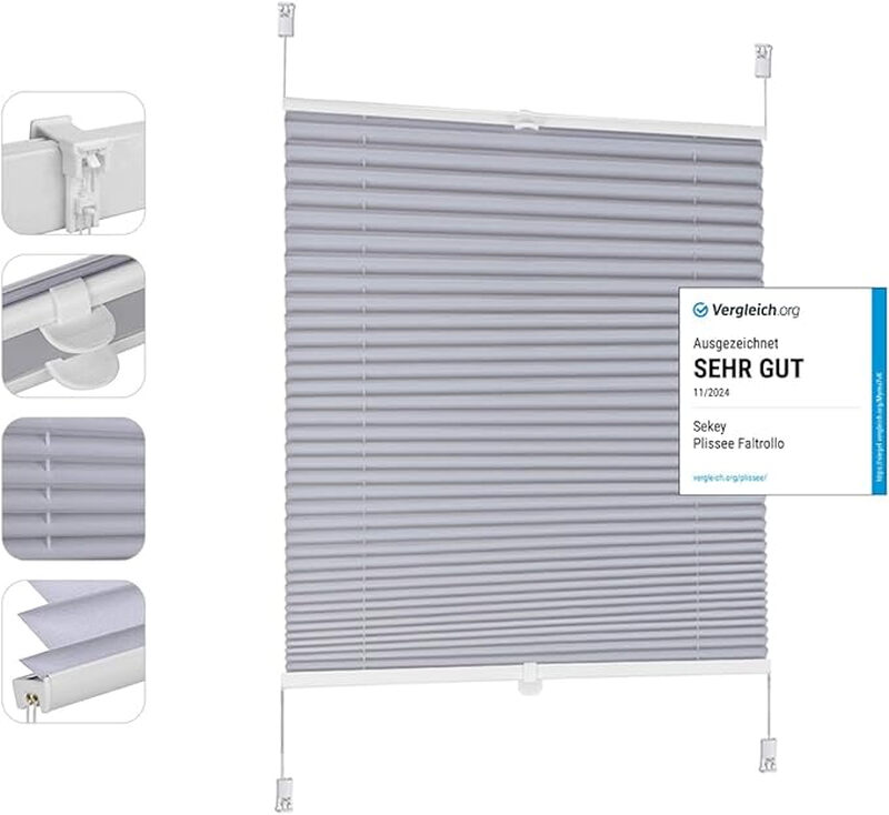 Sekey Plissee Verdunkelung ohne Bohren, Fenster-Plissee mit Klemmträger, blickdichter Sonnenschutz, Rollo, 40x130 cm, Silbergrau