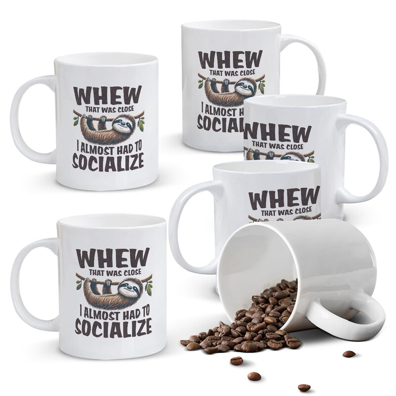 1pc 11oz White Mug with "WHEW THAT WAS CLOSE" Funny Sloth Quote About Avoiding Social