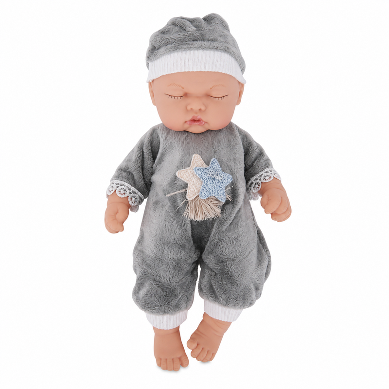10 Zoll Ganzgummi-Puppe mit schläfrigen Augen; erhältlich in Grau, Blau und Rosa (wird in einer zufälligen Farbe versendet).