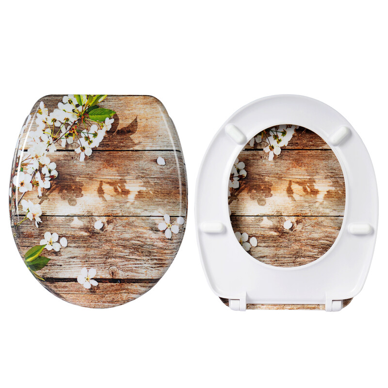 WOLTU WC-Sitz mit Absenkautomatik, Toilettensitz Motiv, Duroplast Toilettendeckel, Stabiler Premium WC-Sitz, Antibakteriell Oval, Weiße Blüte