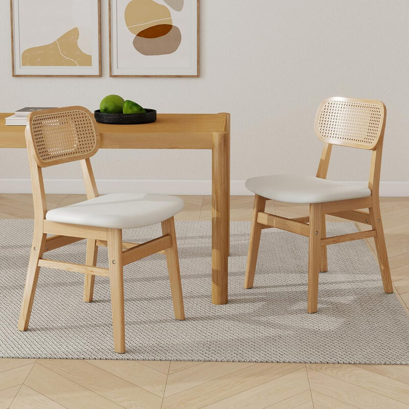 Rattan Dining Chairs Set of 2 Kitchen Side Chairs with Wood Legs for Dining Room, PU