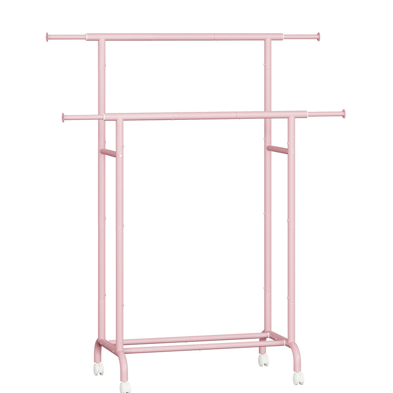 JOYFURNOS Doppel-Kleiderständer mit Rollen, Verstellbare Kleiderstange, Robuster Metallrahmen für Schlafzimmer, 80 kg Belastbarkeit, Pink