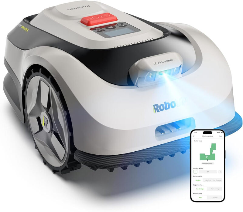 RoboUP Mähroboter Raccoon 2 SE – Intelligenter KI-Rasenroboter ohne Begrenzungskabel für bis zu 600 m², 3-8 cm Schnitthöhe, 5 Ah Akku