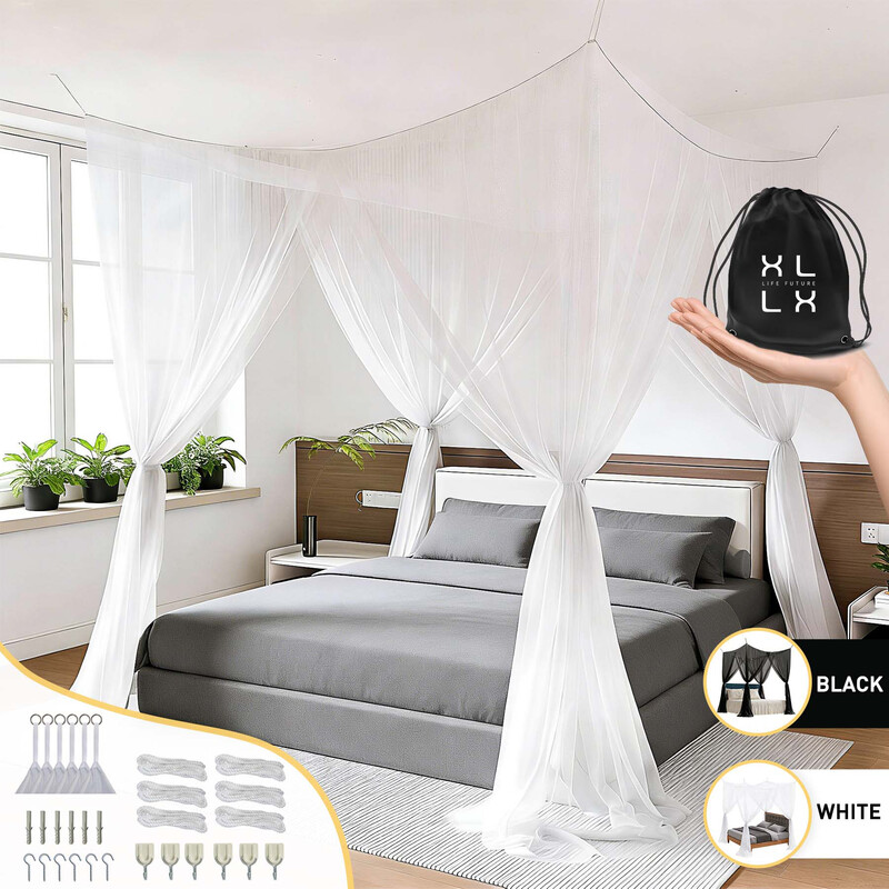 XLLX 4 Ecken Rechteckiges Moskitonetz für Camping, Zuhause, Outdoor, Reisen, mit 6 Aufhängeösen und 4 Öffnungen, Weiß, 210 x 200 x 200 cm