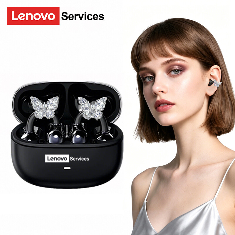 Lenovo LE302 kabellose Kopfhörer in Schwarz + Kopfhörerzubehör in Silber (Doppelter Schmetterling)