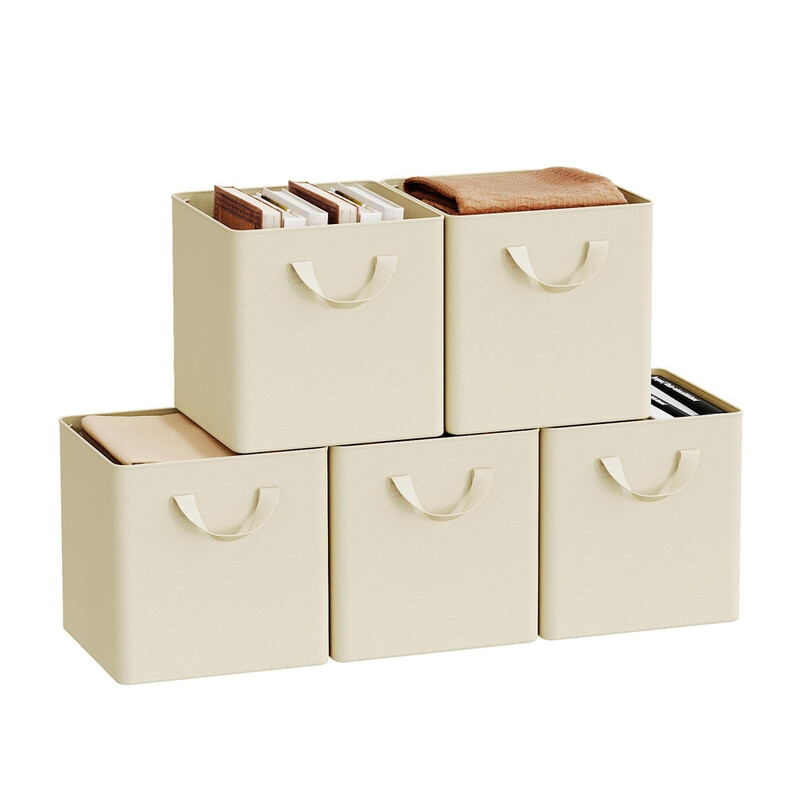 WOLTU Faltbare Aufbewahrungsboxen 5 Stück, Stoffboxen mit Griffen und Metallrahmen, Aufbewahrungswürfel für Wohnzimmer, Schlafzimmer, Arbeitszimmer, Mehrzweck, Creme, 26x26x26,5cm