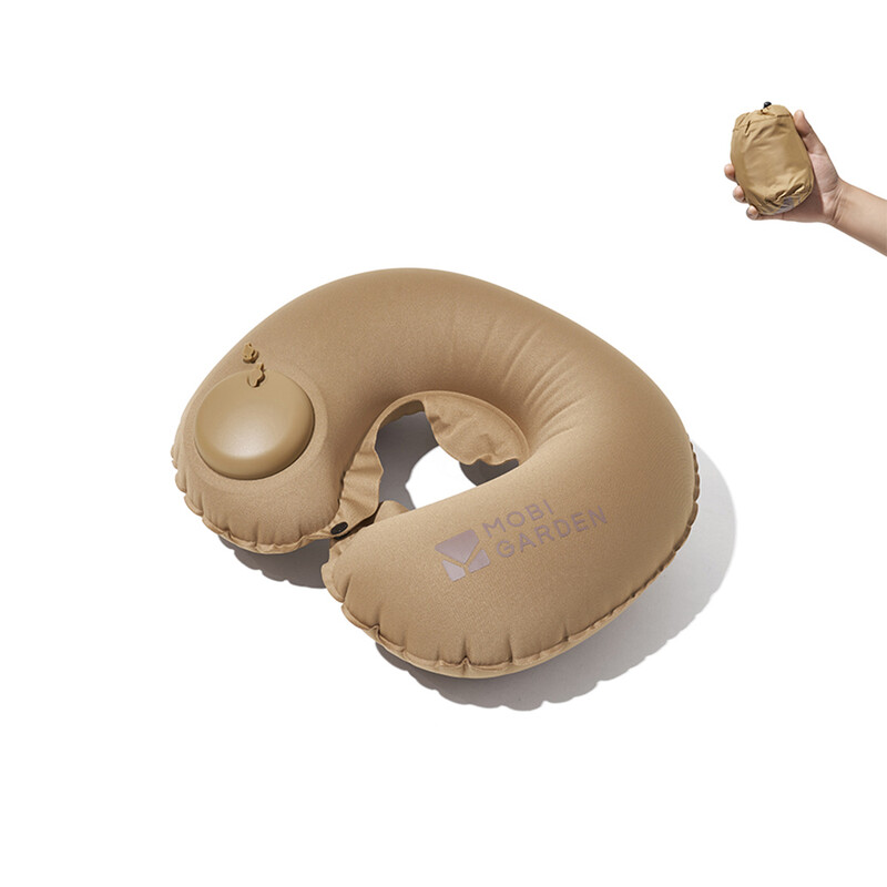Mobi Garden, Press-to-Inflate U-Shaped Neck Pillow, Soft Comfortable Travel Pillow for Car Camping Use, Sand, Portable Design for Easy Storage