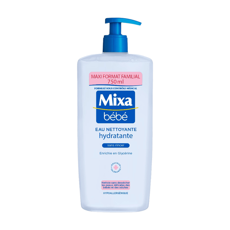 Mixa Bébé Eau Nettoyante Hydratante & Lavante Pour le Soin et la Toilette Quotidienne des Bébés et des Peaux les plus Sensibles Enrichie en Glycérine Sans Rinçage 750 ml