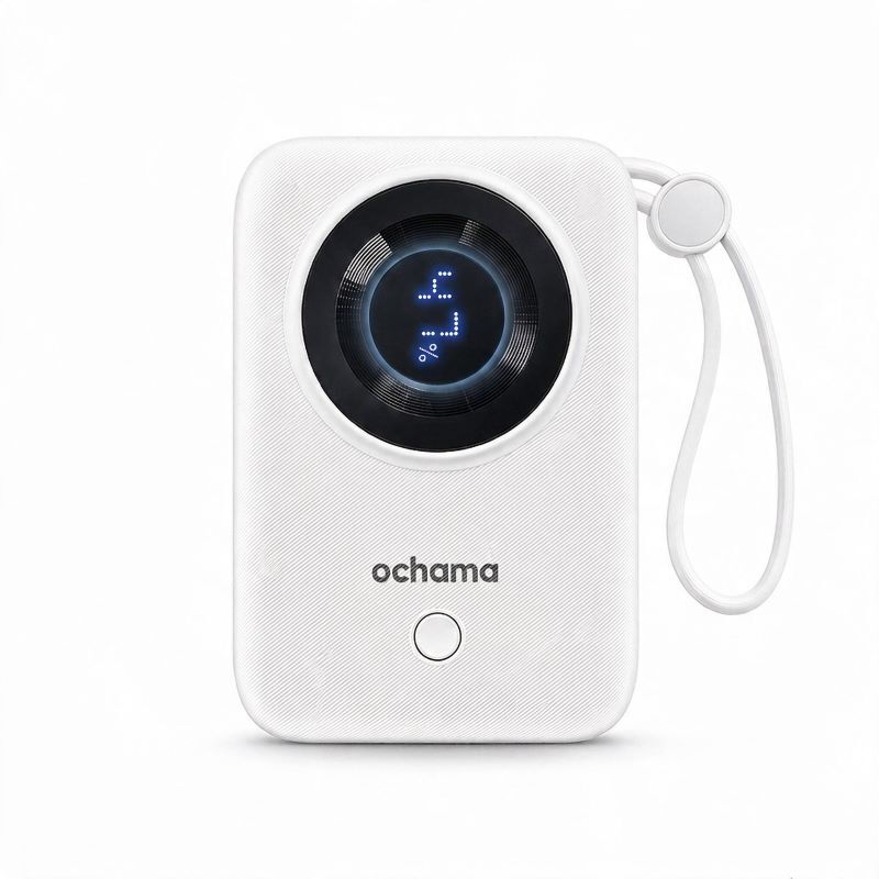 Ochama 22.5W Intelligent Fast Charge Power Bank with Dual Built-in Cables, 10.000mAh, Screen Display for Battery Level, Compact, Compatible with Apple Devices, Lightning/USB-C/USB-A Three Interfaces