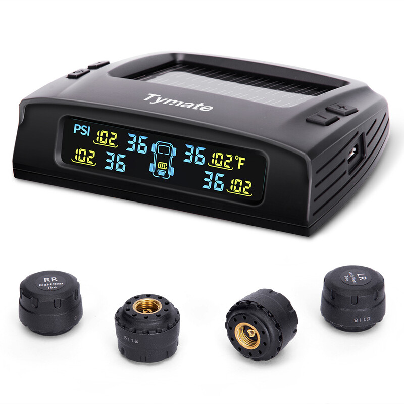 Tymate TPMS-systeem voor campers, bandenspanningsmonitor op zonne-energie met 4 sensoren, 0-87PSI, 6 alarmmodi, LCD-kleurendisplay, geschikt voor campers/aanhangwagens/vrachtwagens/SUV's, TM2C+4TS2