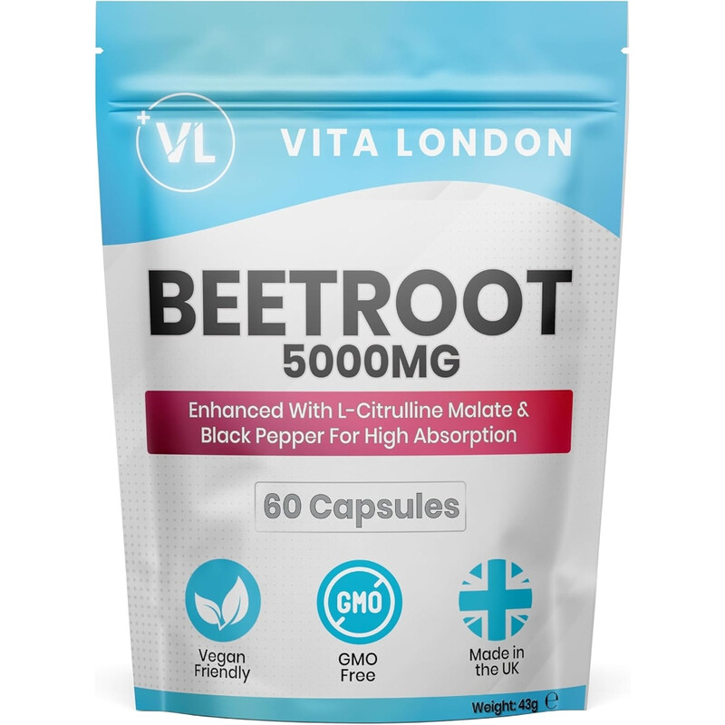 VL Vita London Nitric Oxide Supplement: Beetroot 5000mg With L-Citruline Malate - 60 Vegan Capsules for Blood Flow