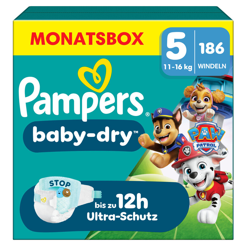 Pampers Baby Dry Gr.5 Junior 11-16kg Monatsbox Paw Patrol - 186 Stück