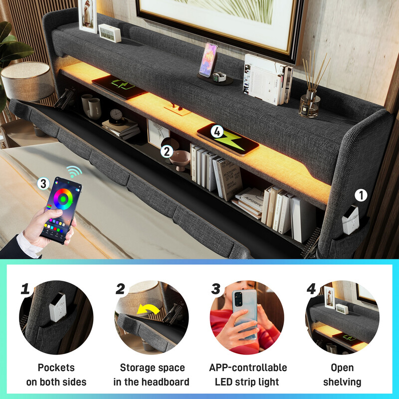 URBAN MEUBLE LED Collectie Gestoffeerd Platformbed met Opberghoofdbord 180x200 cm