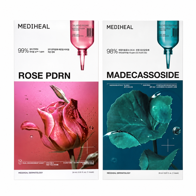 Mediheal Sheet Mask Set (Rose Pore-Cleansing Mask & Centella Brightening), 22 Pieces