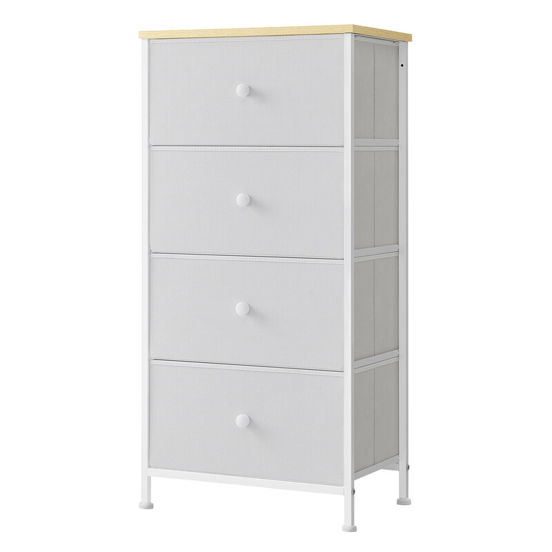 JOYFURNOS Stoffen ladekast voor slaapkamer, met 4 lades, metalen frame, ladekast, wit