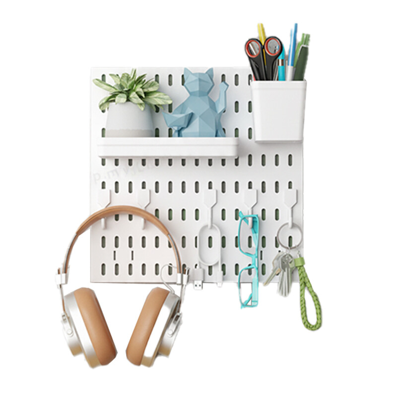 JORDAN&JUDY Stecktafel-Organizer ohne Bohren, Quadratisches Brett-Set, Inklusive 30 × 30 cm Stecktafel × 1, 8 × 10 × 9 cm Aufbewahrungstasse × 1, 20 × 10 × 3,9 cm Mittelregal × 1, 5,8 cm Haken × 5