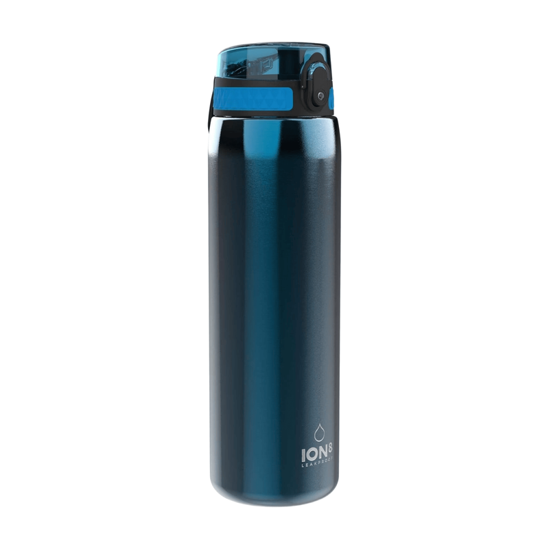 ION8 lichte 1200 ml stalen waterfles, niet geïsoleerd, lekvrij, gemakkelijk te openen, veilige sluiting, vaatwasmachinebestendig, klapdeksel, draaggreep, ideaal voor reizen & een actieve levensstijl, metallic blauw