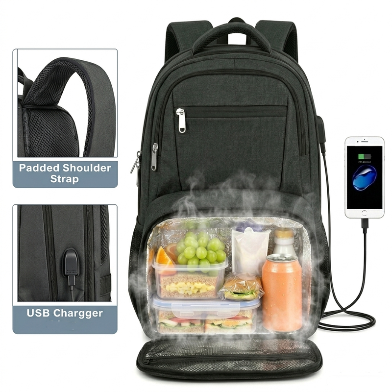 Kühltasche für den Sommer Lunch-Rucksack für Männer Frauen Arbeit, Robuster 17 Zoll Laptop-Rucksack mit Lunchfach, Wasserabweisende Arbeitstasche mit gepolsterten Tragegurten und USB-Ladeanschluss, Anti-Diebstahl Computer-Rucksack für Büro Pendeln Uni