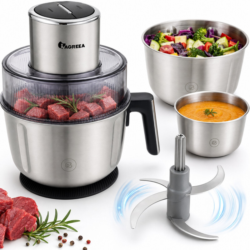 IAGREEA 350W Electric Food Chopper & Meat Grinder, 3 Nesting 304 Stainless Steel Bowls 2.5L/2.2L/1.8L, 2-Speed Food Processor with Triple-Curved Blades for Meat, Vegetables, Baby Food & Puree MS-25JM08