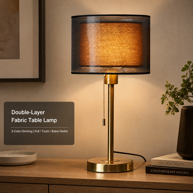 Mohheds Dual Lampshade Table Lamp, Metal Stand Dimmable 3-Tone Fabric Desk Lamp Pull/Touch/Button Switch for Bedroom Hotel Indoor Decor Housewarming Gift
