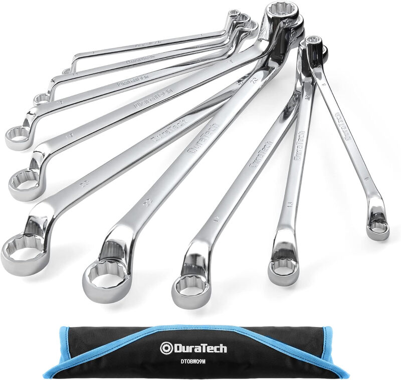 DURATECH 8-Piece Offset Double Ring Spanner Set, 6-22 mm, Cr-V Steel | 75° Offset, 12-Point Box End, Cr-V Steel, Rust-Resistant, Roll-Up Pouch, Tight Spaces