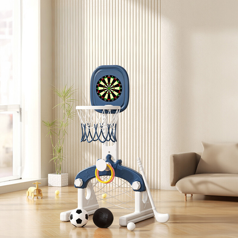 LIVINGANDHOME 5-in-1 Kinder Basketballkorb Spielset mit Basketball, Fußball, Golf, Ringwurf & Dartbrett, Interaktives Indoor Outdoor Spiel