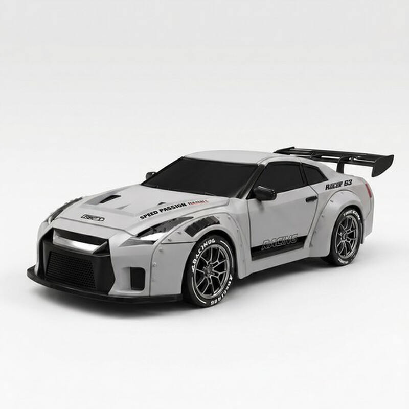 1:24 4WD RC Hobbyauto, Gyro & Servo, 2,4 G Besturing, LED Verlichting, Dubbele Banden, 7,4 V LiPo, Vering, Complete Kit, Zilver GTR Wide Body, 1 Stuk Grijs
