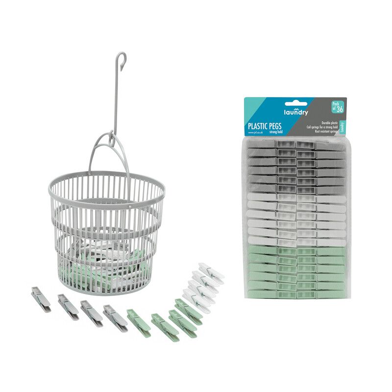 JVL Collapsible Peg Basket with 36 Plastic Clothes Pegs, Foldable Laundry Basket