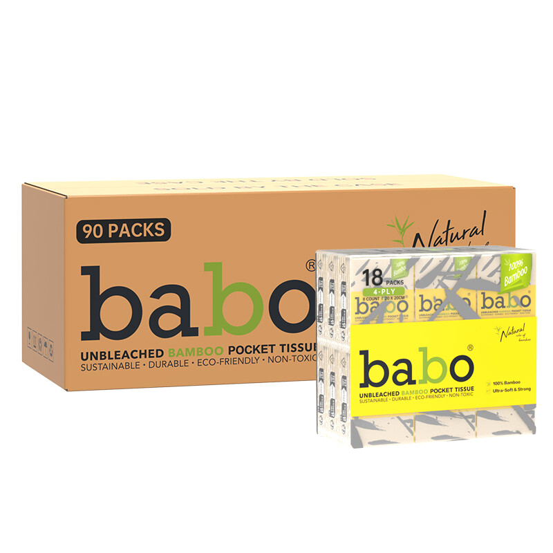 BABO Bamboe Mini Zakdoekjes EU-norm | 4 lagen 8 v/zak, 90 zakjes/doos | Dubbele kwaliteitscertificaten, vrij van bleek en fluorescerend middel