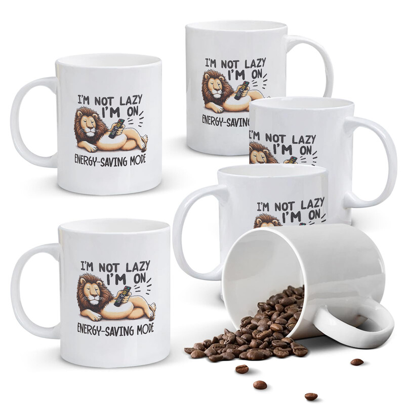 1pc 11oz White Mug with Lazy Lion on "Energy-Saving Mode" Funny Quote, Humorous Gift