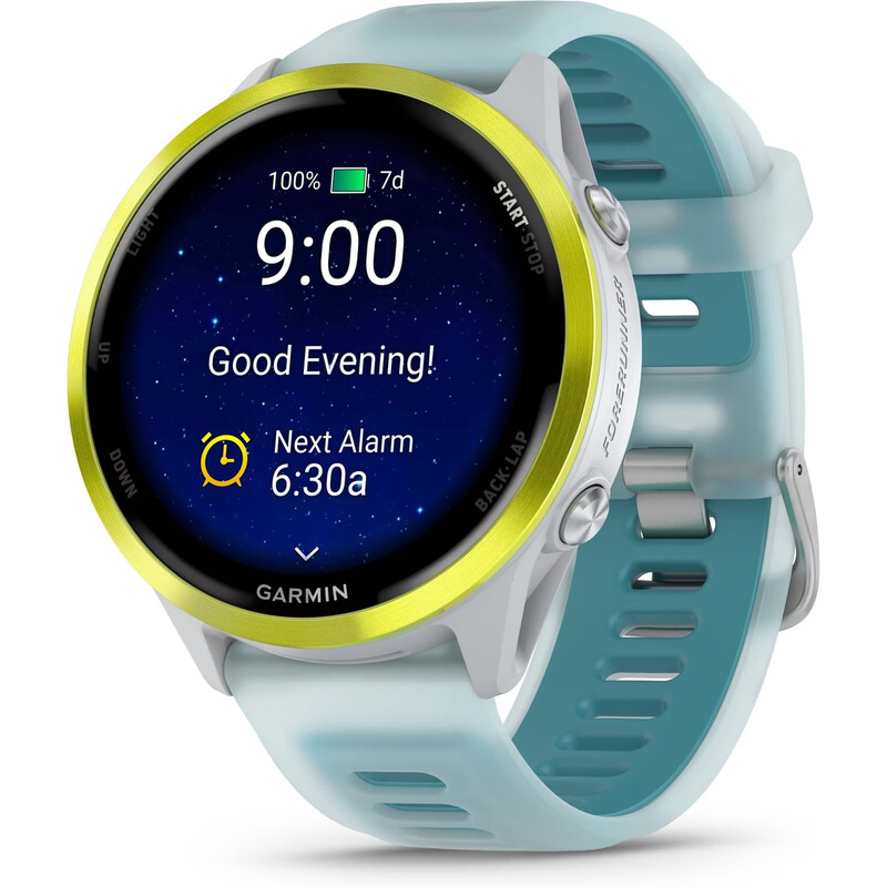 GARMIN Smartwatch Forerunner 570 Elektronik Wearables: Whitestone/Turquoise 47mm, 1,4 Zoll AMOLED, 11 Tage Akku, GPS, Garmin Pay