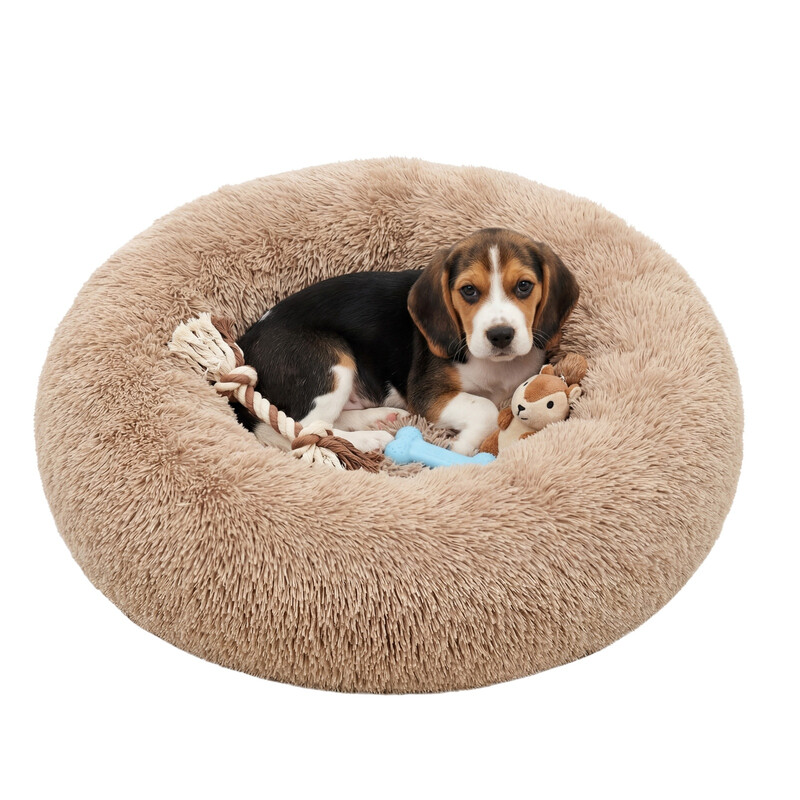JOYFURNOS Hondenbed, Ronde donutmat, Bank, Uitneembaar en wasbaar middelkussen, Zachte pluche stof, Diameter 70 cm, Camelbruin