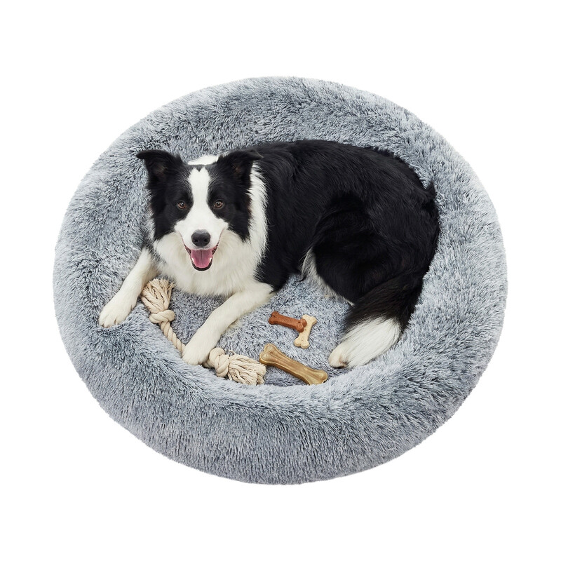 Ochama donut dog bed with soft, calming padding, removable and washable cover, grey