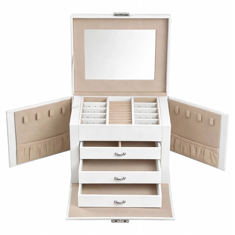 JOYFURNOS 4-laags sieradendoos, afsluitbare sieradenorganizer met handvat, 3 lades, reissieradenkoffer met spiegel, sieradenopberger, moderne stijl, cadeau voor geliefden, klassiek wit